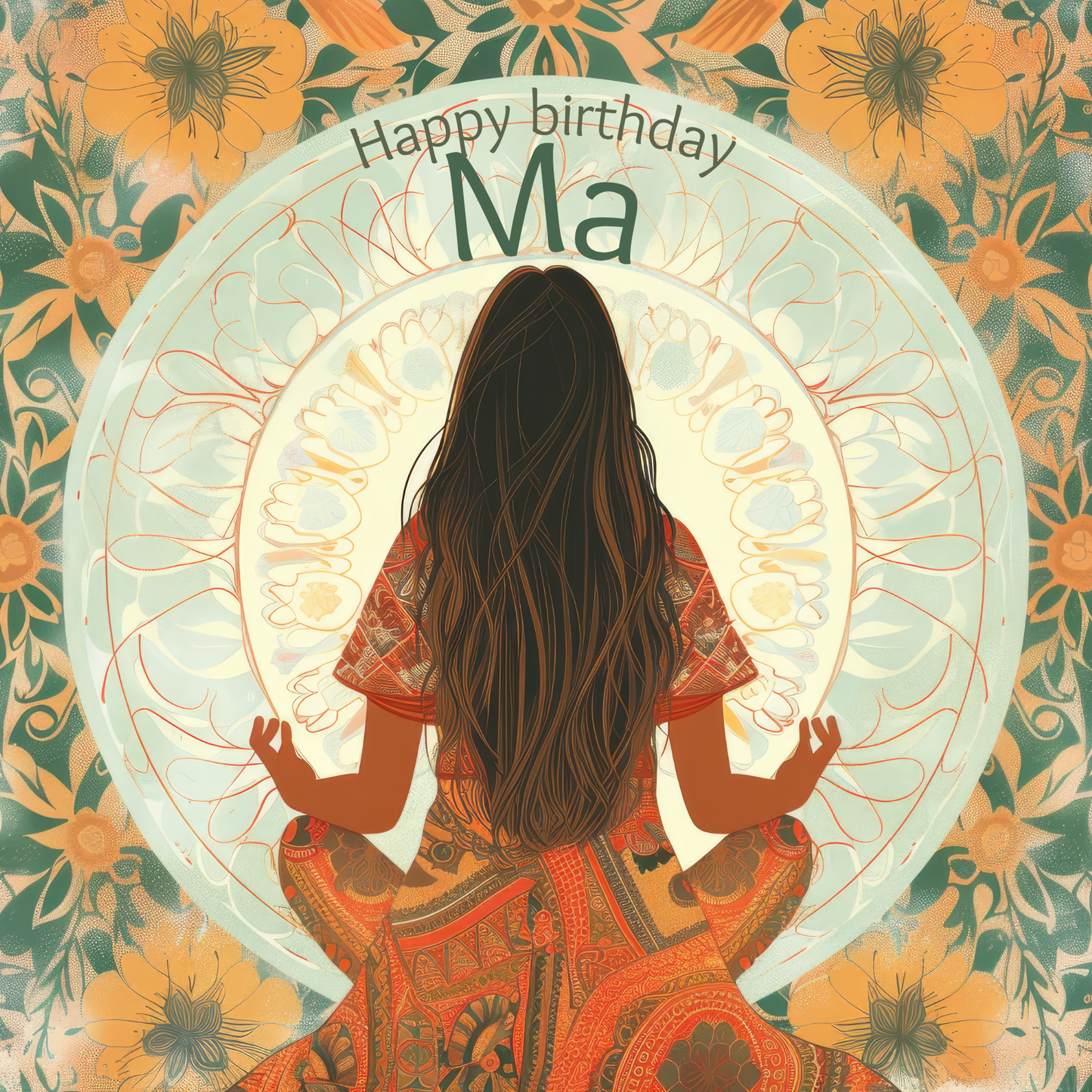 The design: Long dark haired lady meditates within mandala design. Text reads: "Happy birthday Ma".