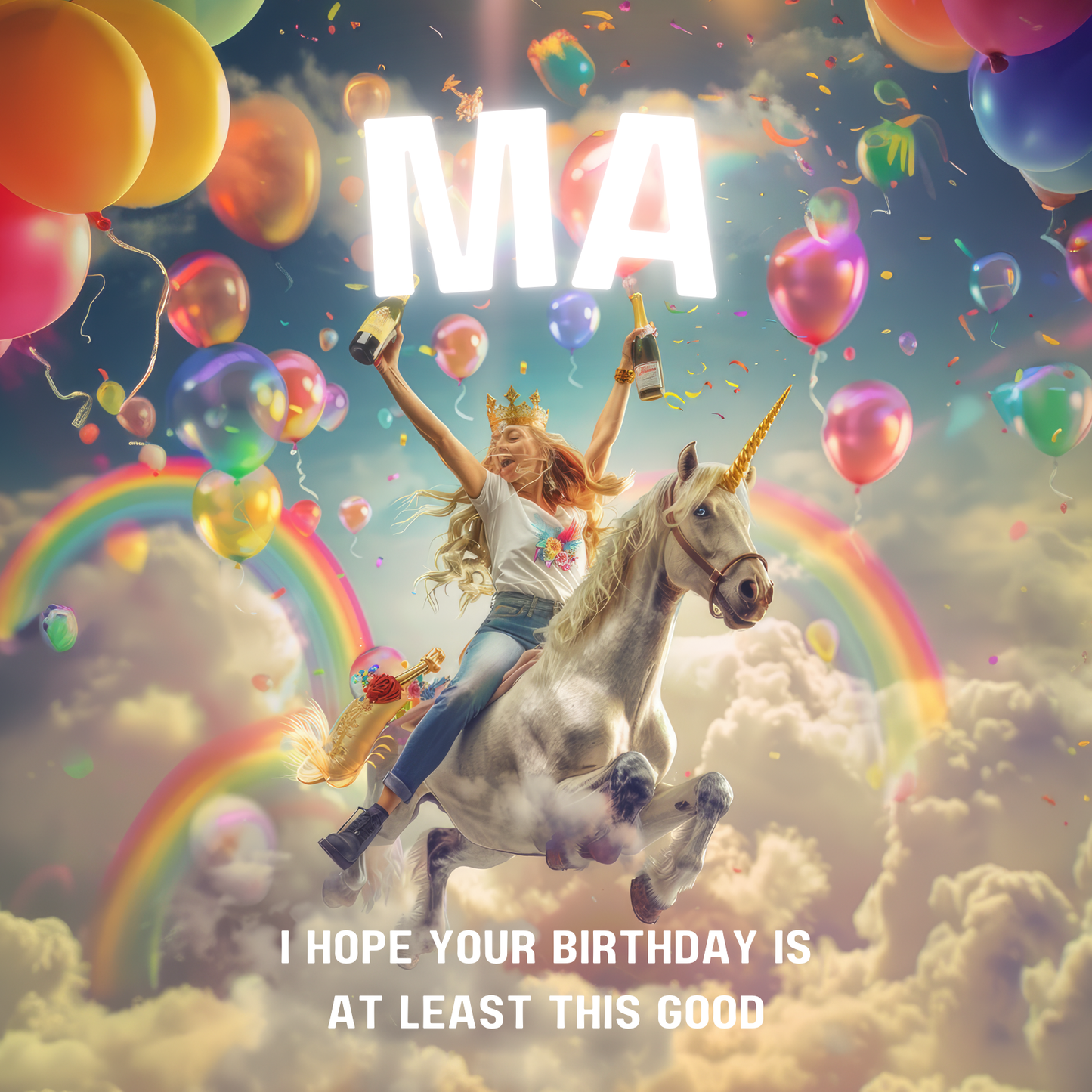 Woman clutching champagne joyously riding a unicorn through rainbows and colourful balloons. Text reads "Ma I hope your birthday is at least this good".
