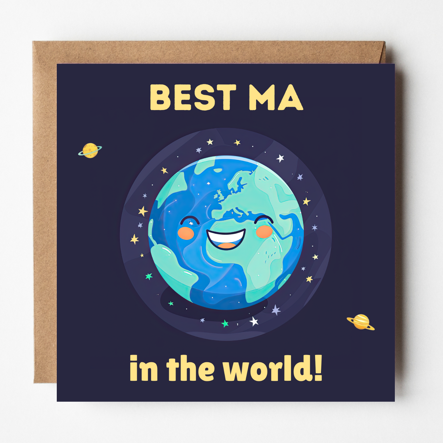 Greeting card with a cute cartoon Earth character and 'Best Ma in the world!' text on a dark blue background.