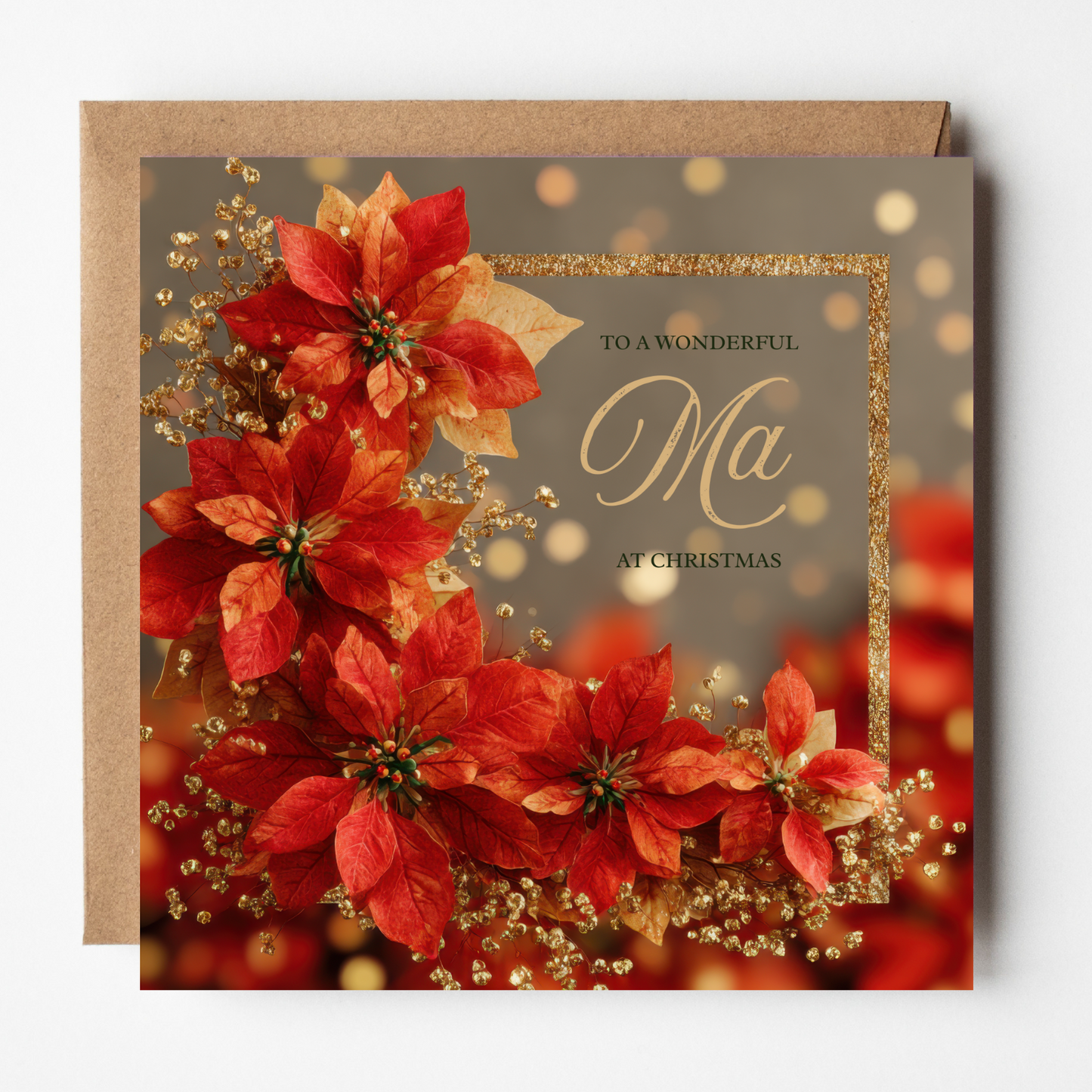 A mockup of the Poinsettia (Ma) card, shown with brown Kraft envelope.