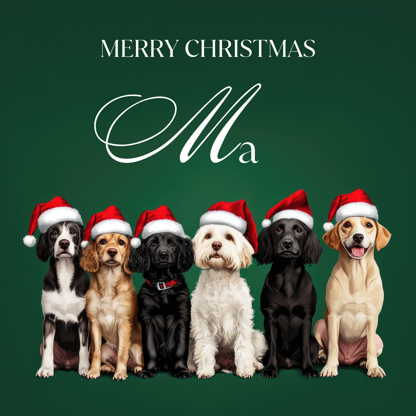 The card design: a row of cute dogs wearing Santa hats, on dark green background. Text reads: "Merry Christmas Mom".