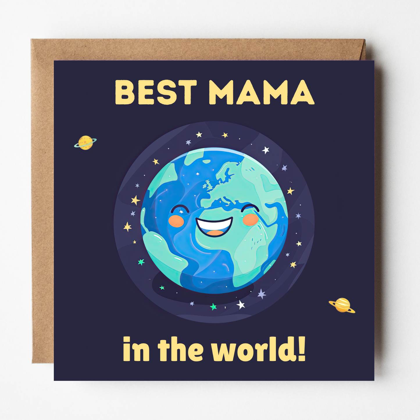 Greeting card with a cute cartoon Earth character and 'Best Mama in the world!' text on a dark blue background.