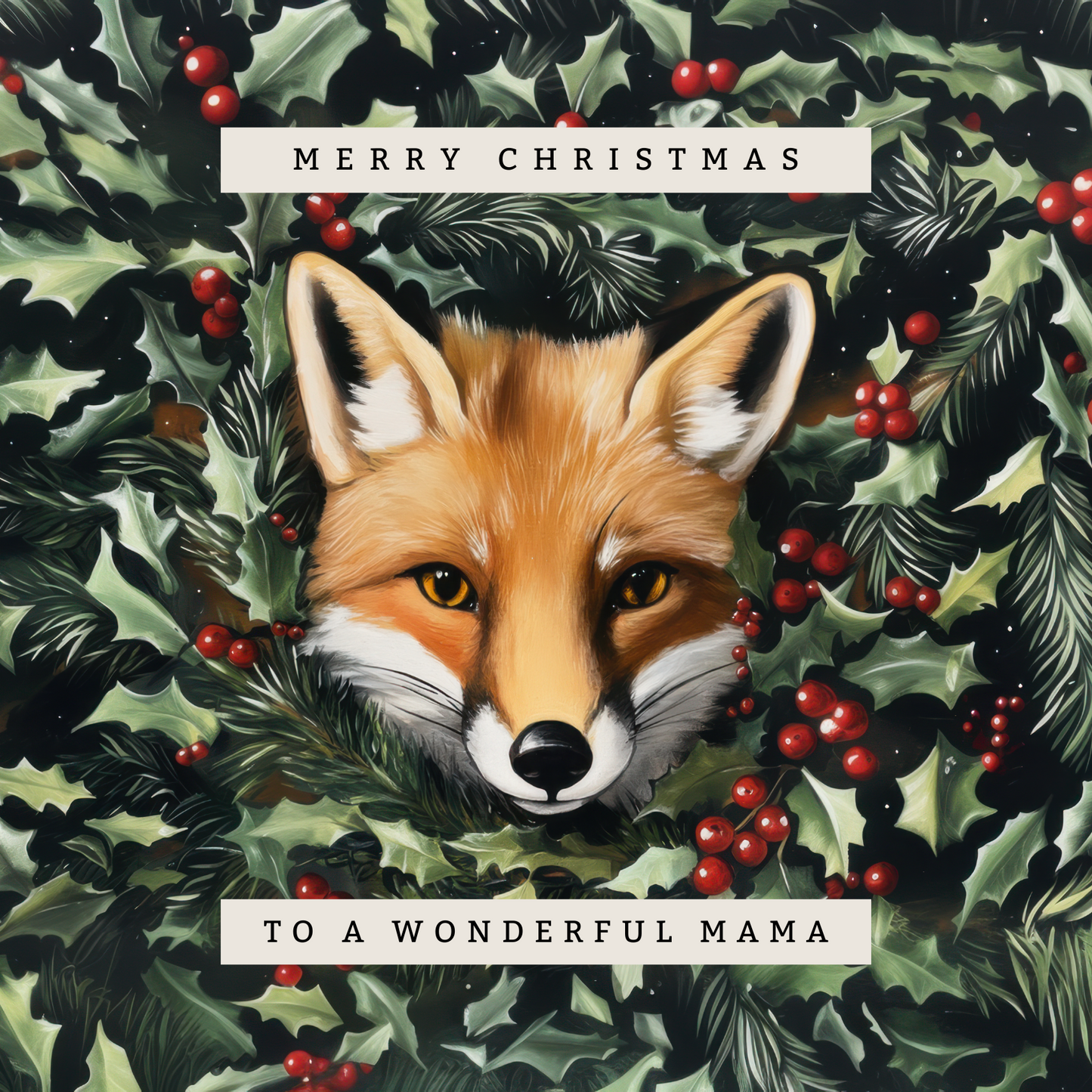 The design: lifelike painting of a fox peering out through winter foliage. Text reads: Merry Christmas to a wonderful Mama.