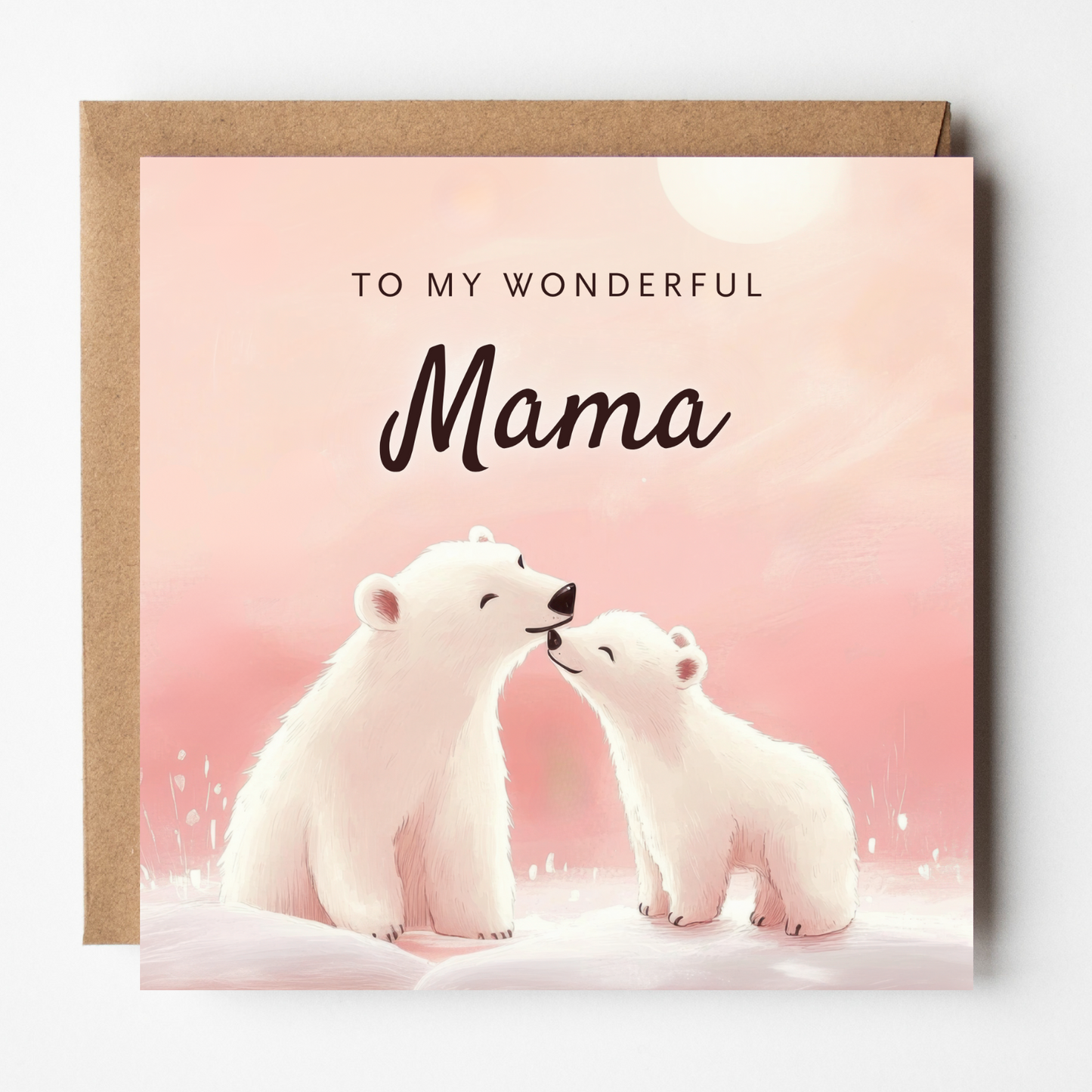 The Mama Bear Christmas card shown with brown Kraft envelope.