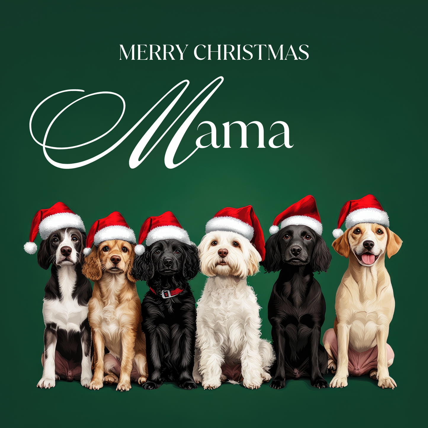 The card design: a row of cute dogs wearing Santa hats, on dark green background. Text reads: "Merry Christmas Mama".