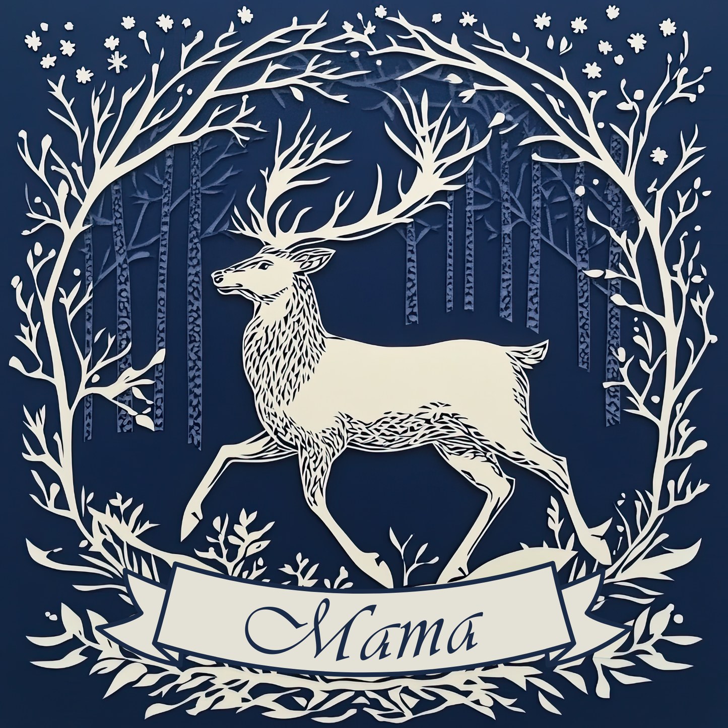The design: Majestic white stag in snowy woodland, on midnight blue background. Text reads: Mama