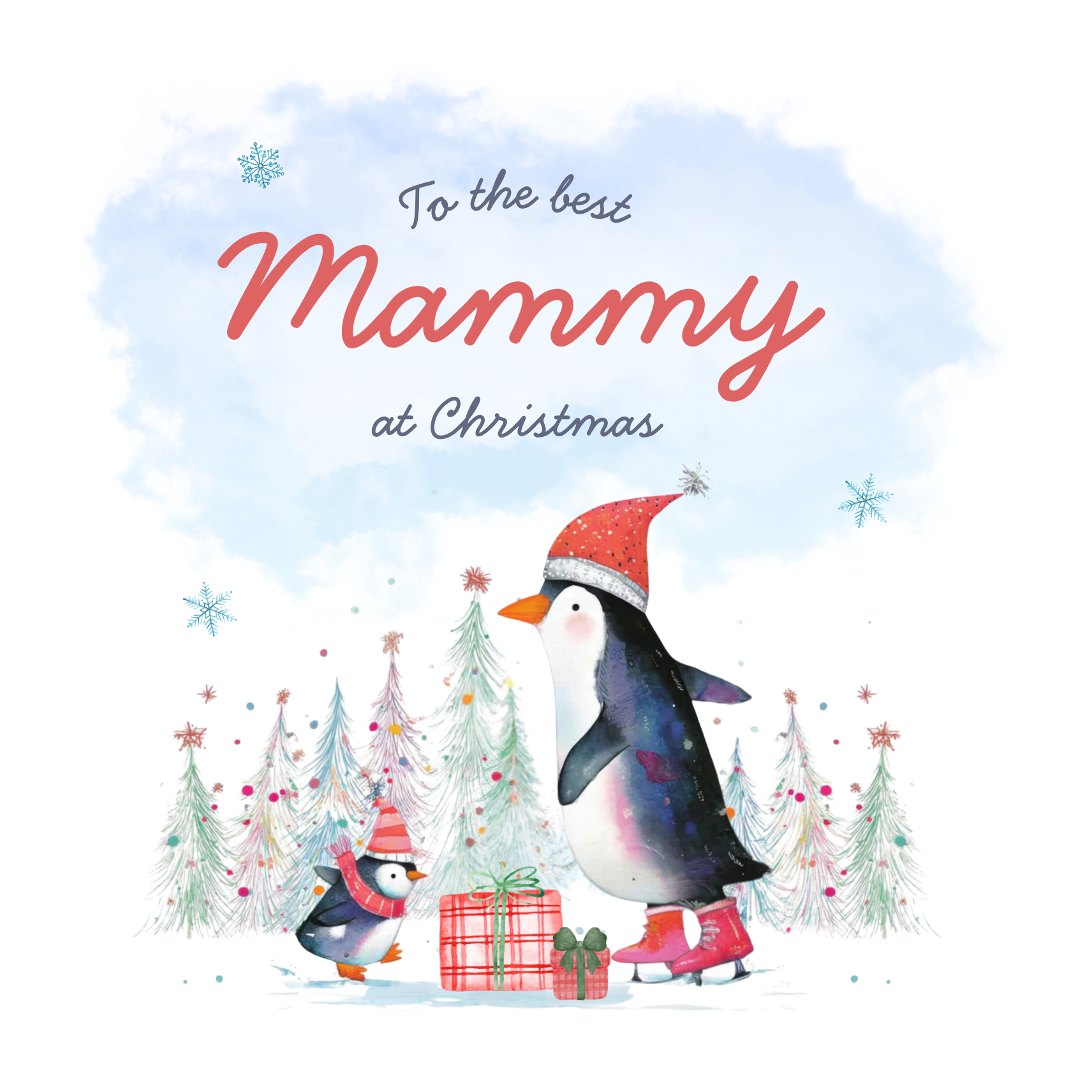 The card design: Mammy penguin and little penguin skating in a snowy Christmas scene.