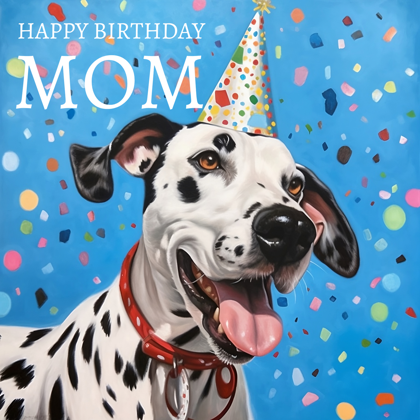 The design: dalmation dog in a party hat and explosion of colourful confetti. Text reads: "Happy birthday Mom".
