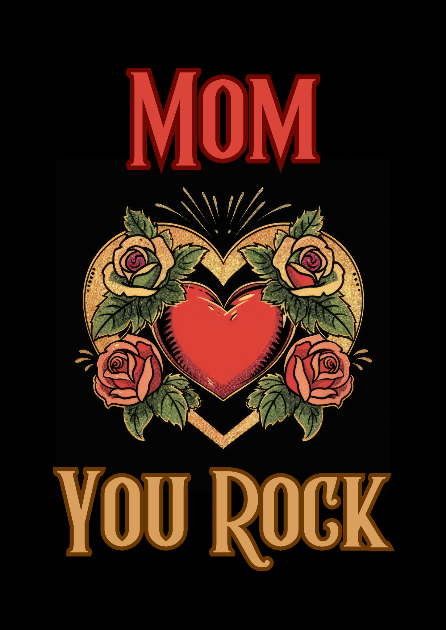 The design: red and gold tattoo-style heart and roses on black background. Text reads: "Mom, You Rock"