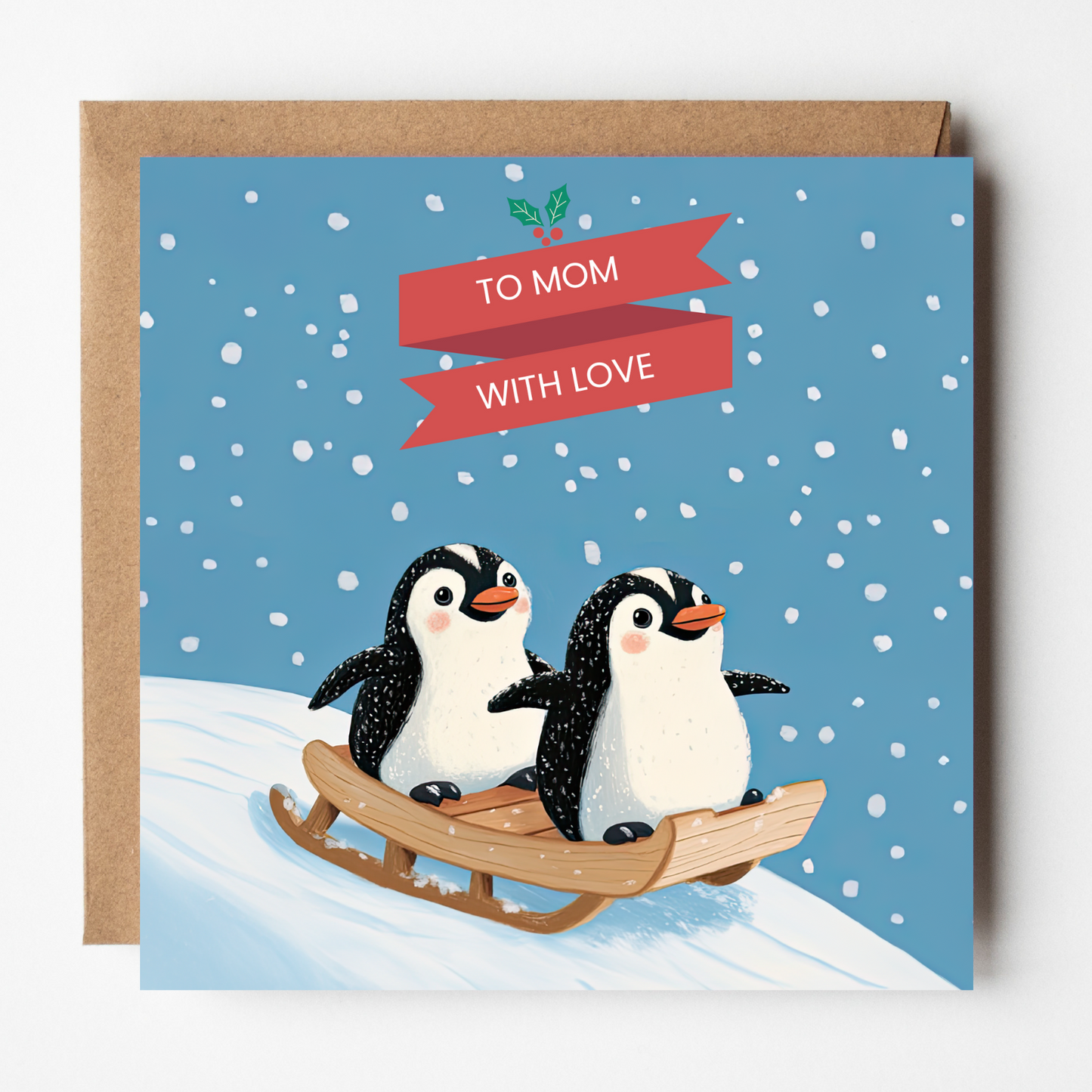 The design: two penguins sledging in the snow. Text reads: "To Mom with love".
