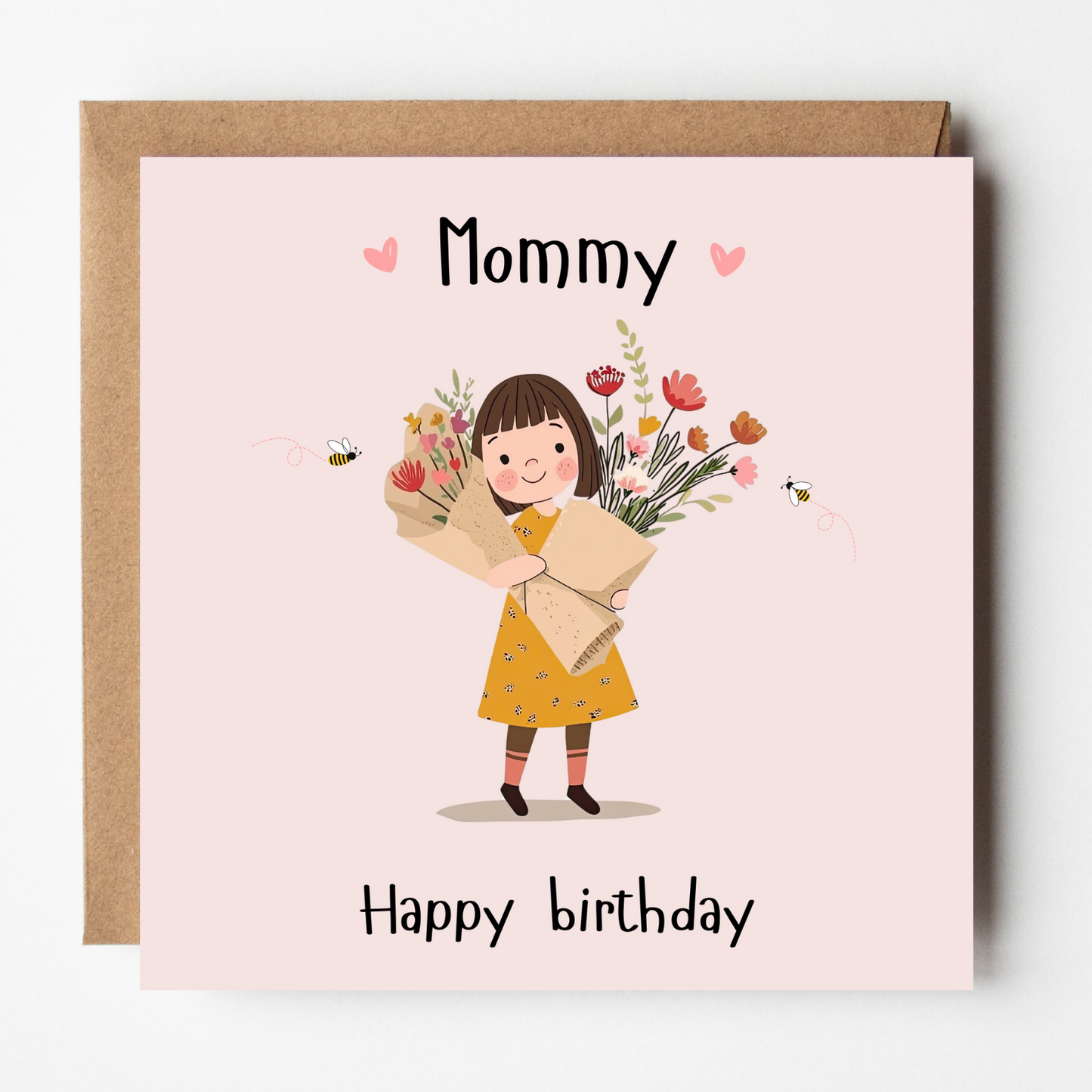 The design: young girl carrying bouquet of flowers. Text reads: "Mommy happy birthday".
