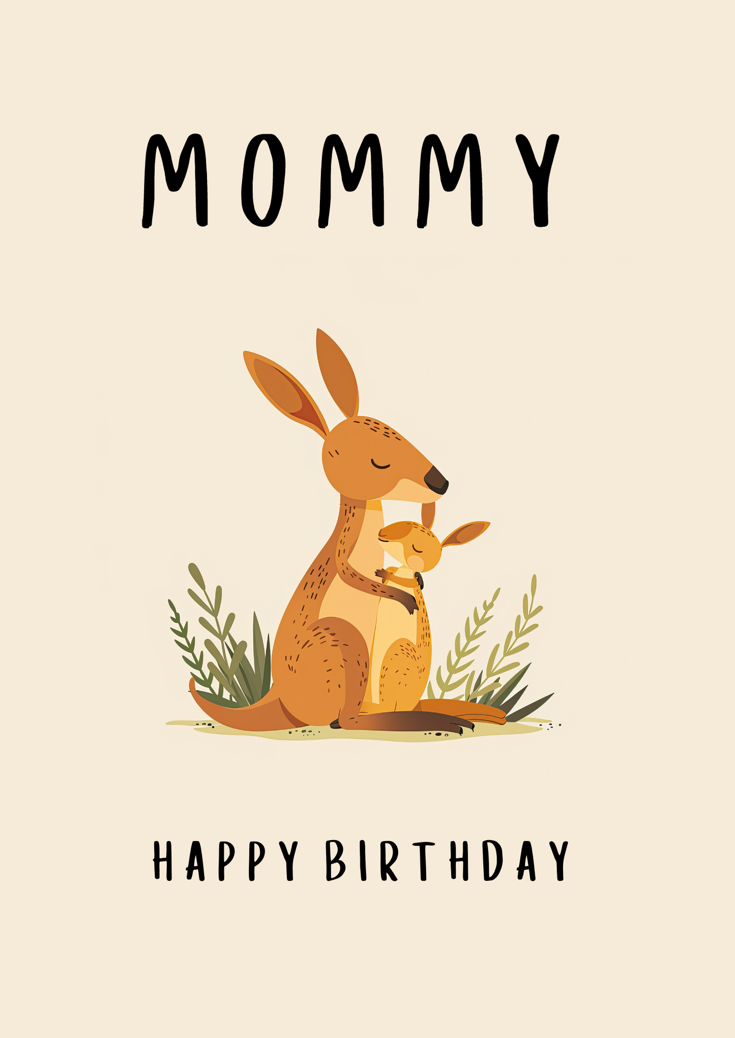 The design: cute soft baby Roo cuddles Mommy. Text reads: "Happy birthday Mommy"