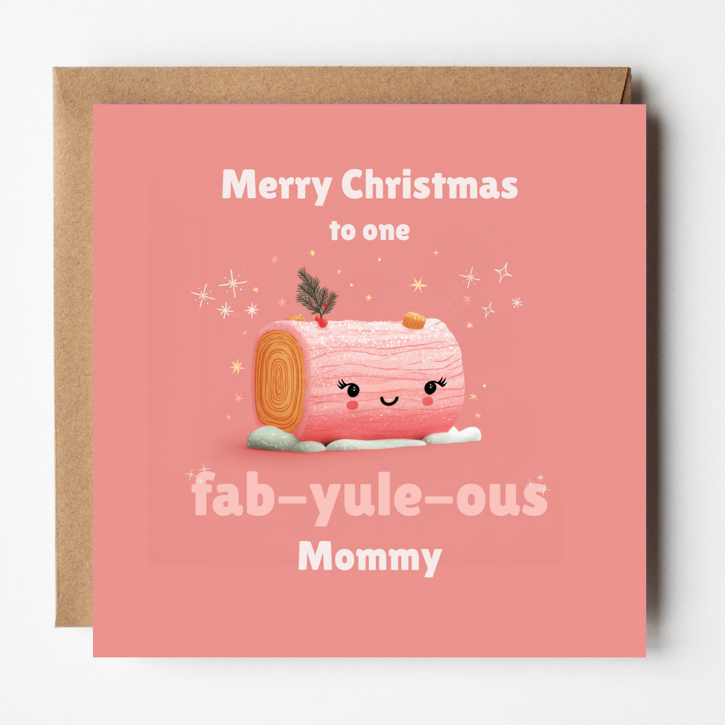 A mockup of the fab-yule-ous card, shown with brown Kraft envelope.