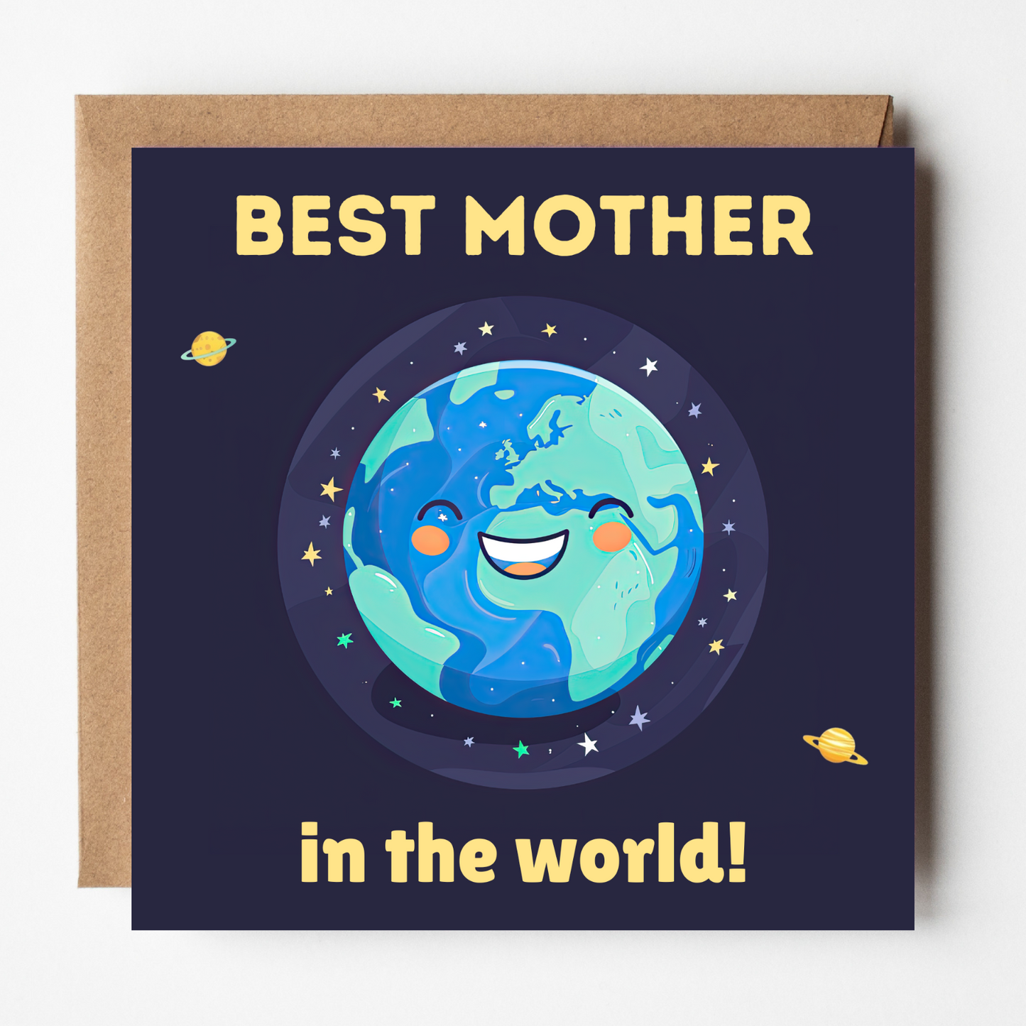 Greeting card with a cute cartoon Earth character and 'Best Mother in the world!' text on a dark blue background.