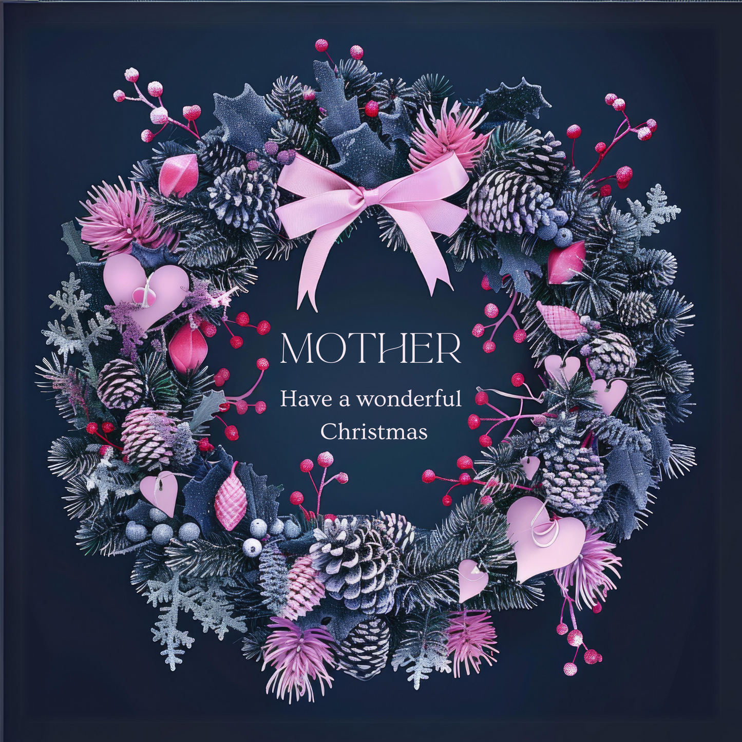 The design: A frosty wreath of winter foliage and pink hearts on midnight blue. Text reads: Mother have a wonderful Christmas.