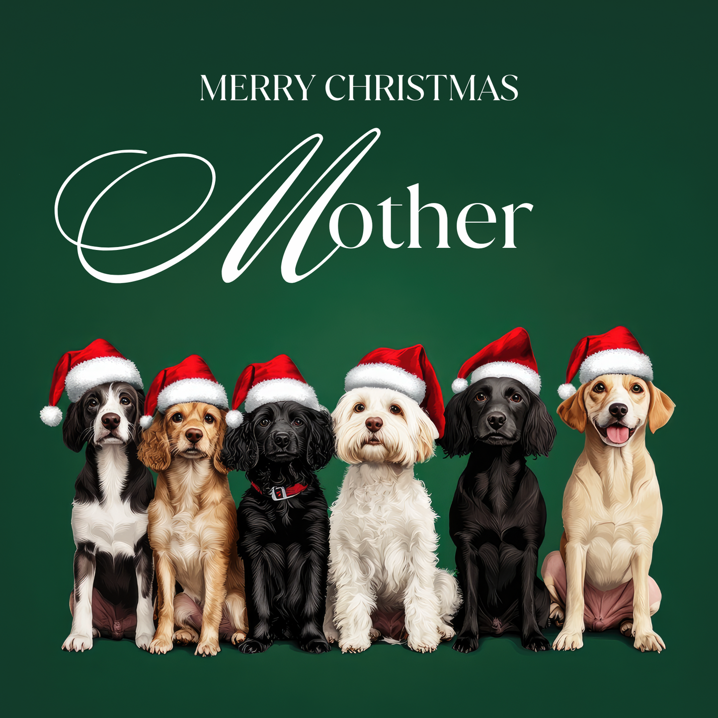The card design: a row of cute dogs wearing Santa hats, on dark green background. Text reads: "Merry Christmas Mother".