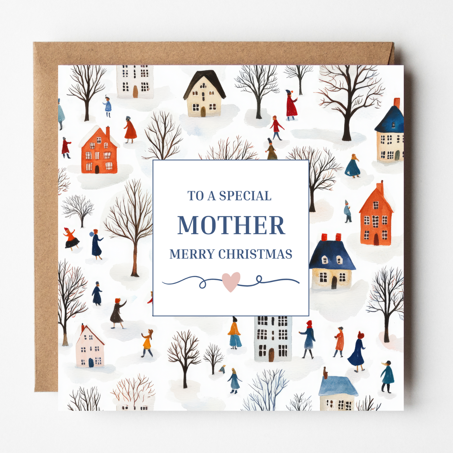 The design: enchanting scene of figures among trees and houses in a snowy village. Text reads "To a special Mother at Christmas"