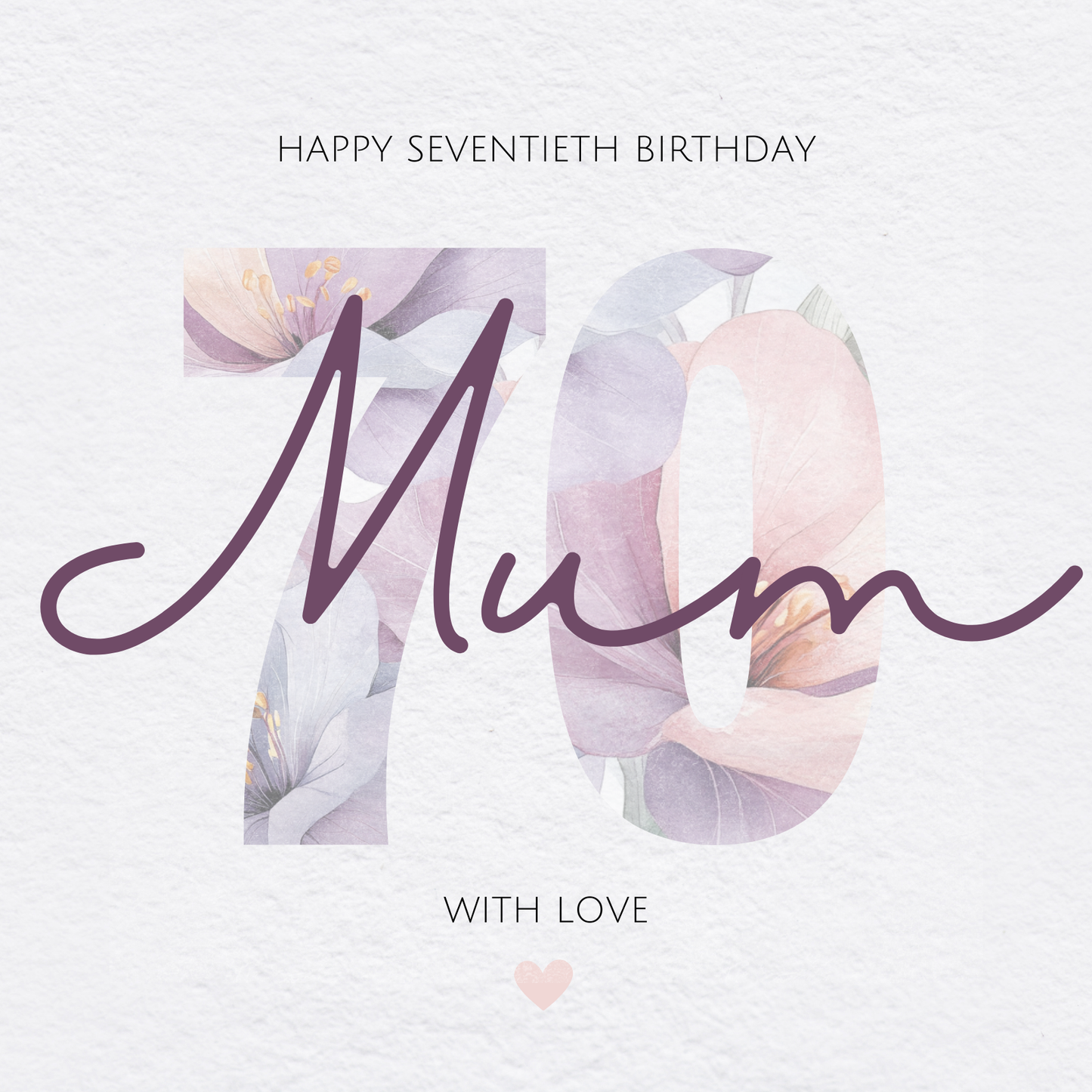 The design: Number 70 made from watercolour flowers in pink and lilac. Text reads: "HAPPY SEVENTIETH BIRTHDAY MOM, WITH LOVE"