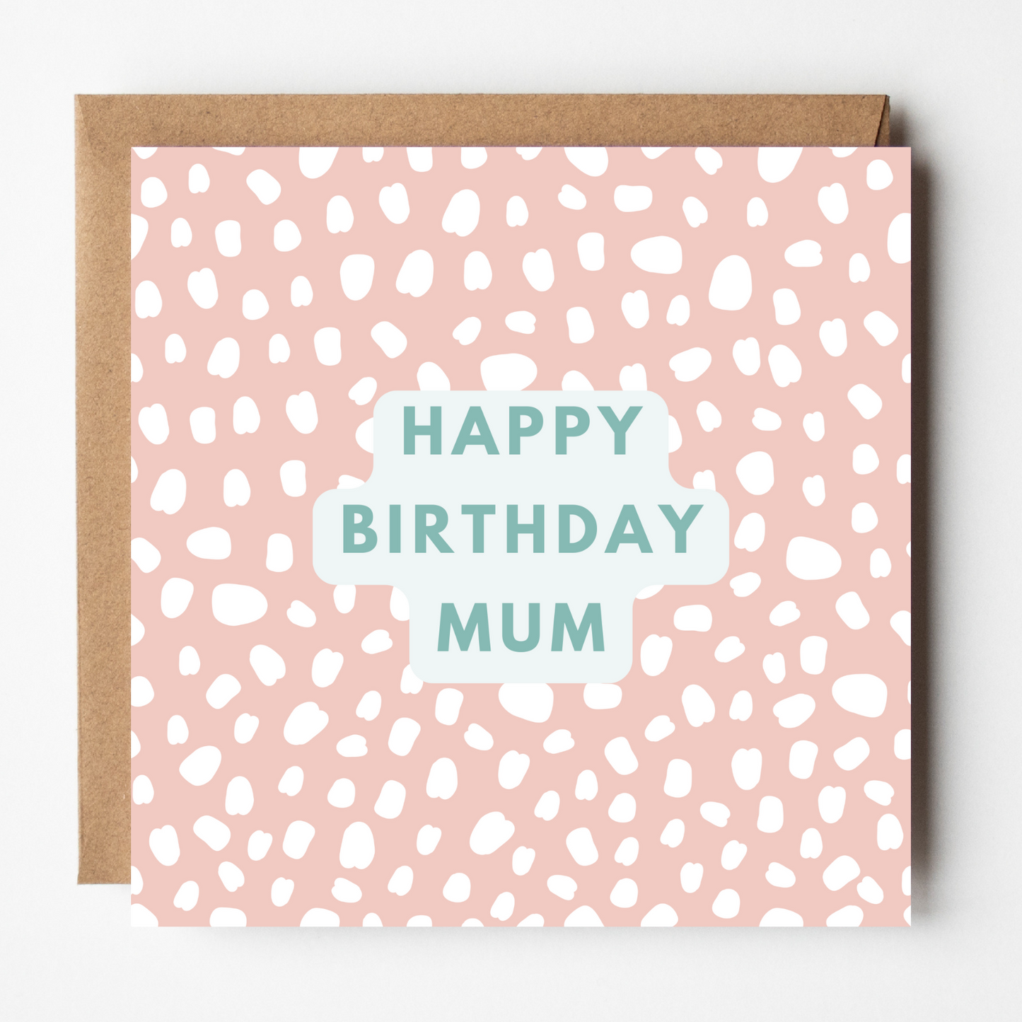 Greeting card with 'Happy Birthday Mum' text on a pink background with white patterns