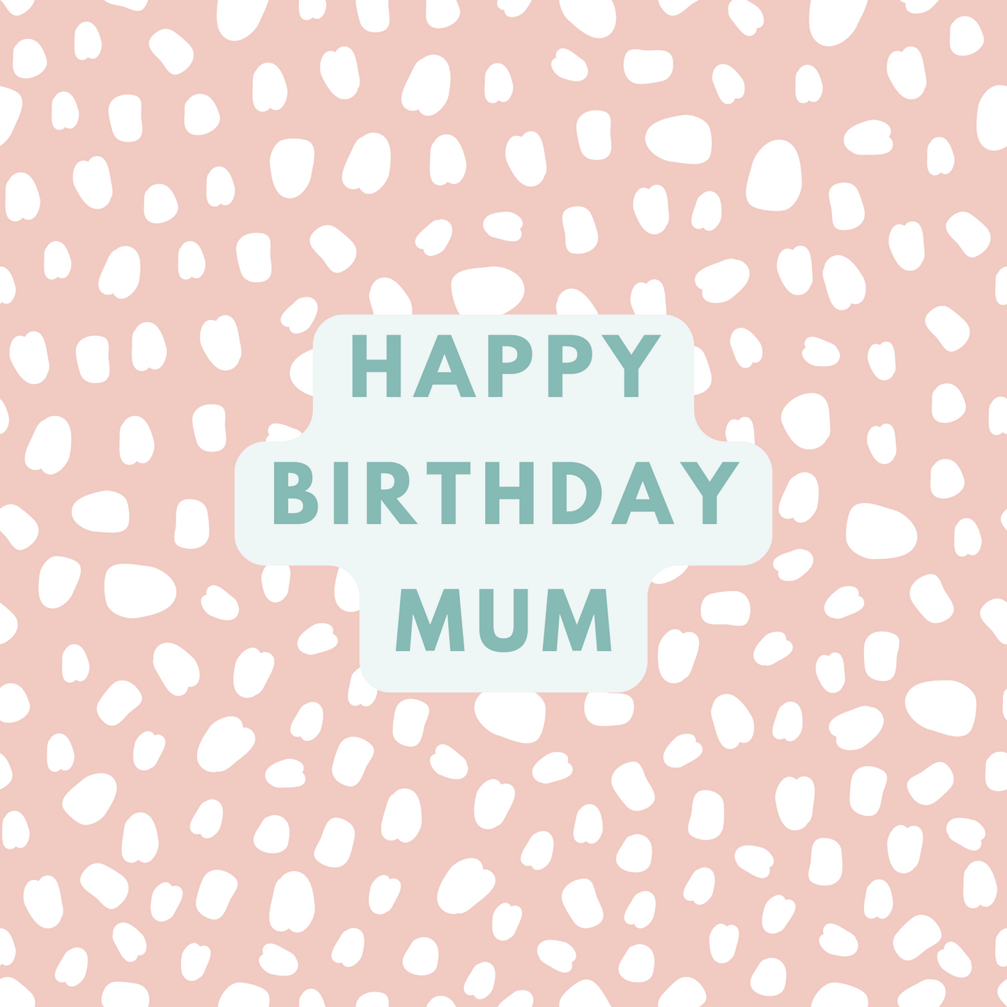 Happy Birthday Mum card with white text on a pink background with white polka dots
