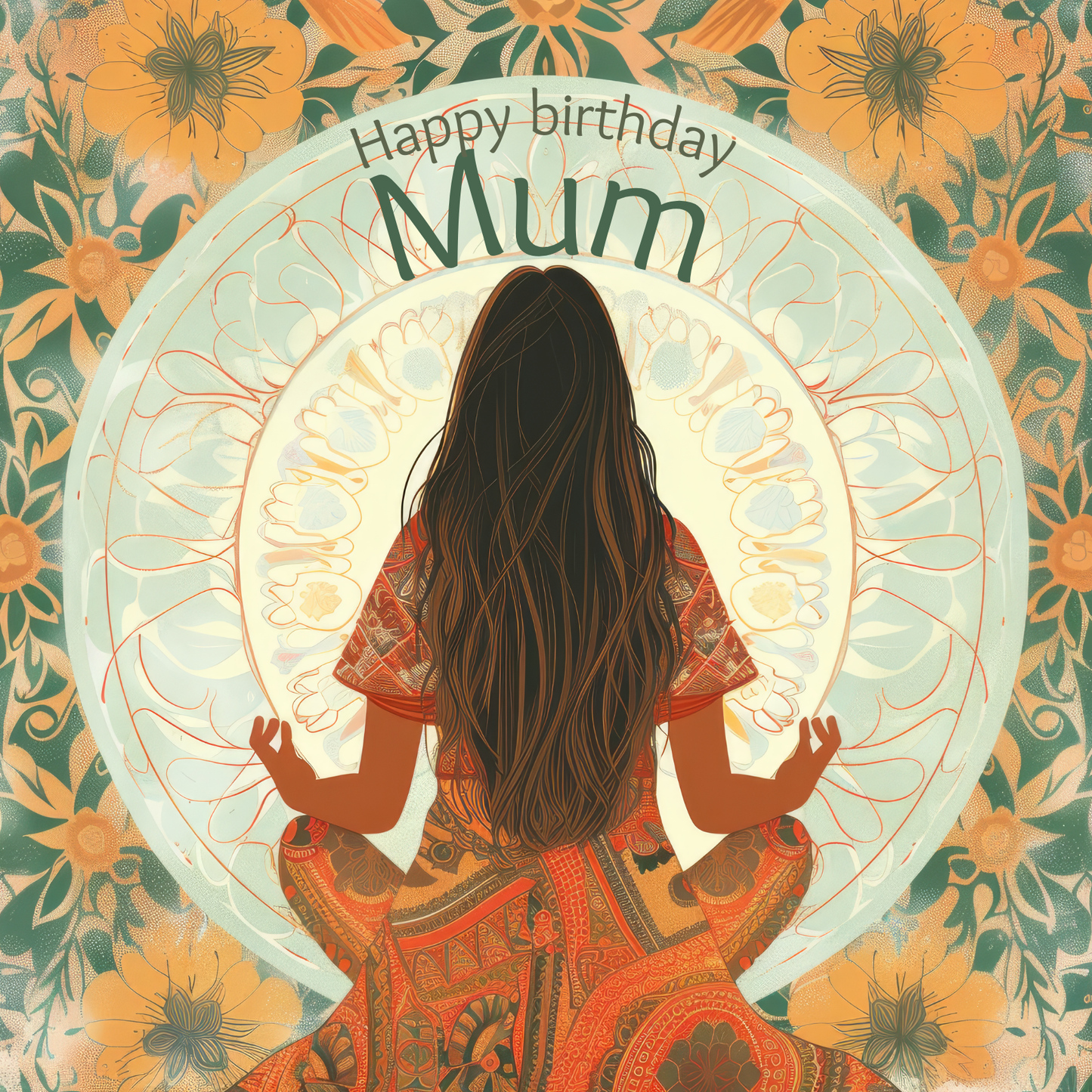The design: Long dark haired lady meditates within mandala design. Text reads: "Happy birthday Mum".