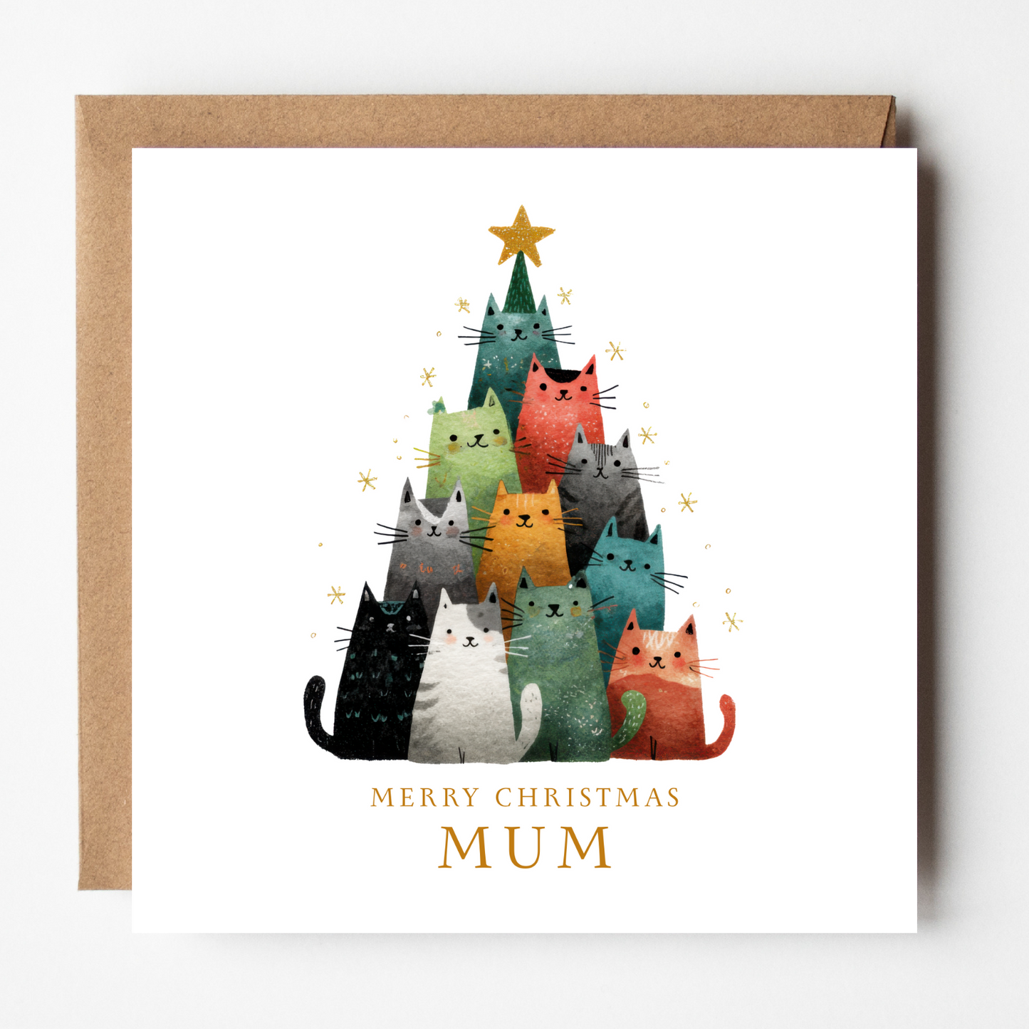A mockup of the Kitty Christmas (Mum) card, shown with brown Kraft envelope.
