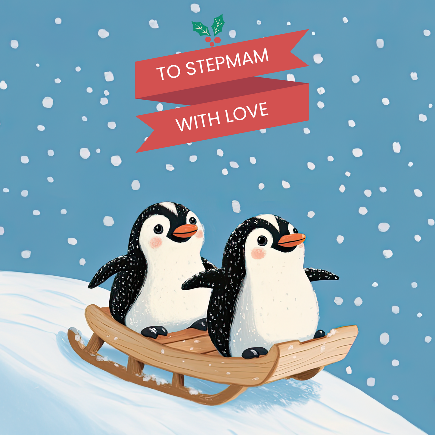 The design: two penguins sledging in the snow. Text reads: "To Stepmam with love".
