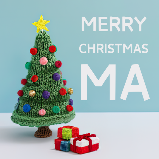 The card design: Cute knitted Christmas tree with baubles and star on blue and white background. Large white text reads "Merry Christmas Ma".