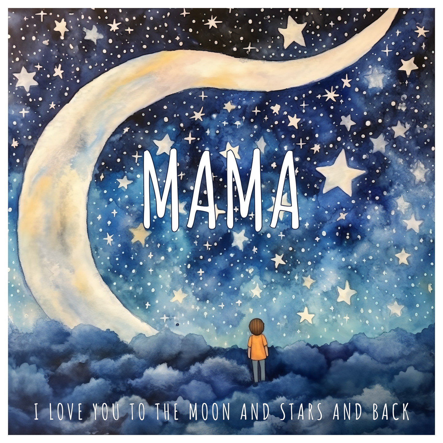 Dreamy watercolour of a child gazing at a huge crescent moon and sky full of stars.