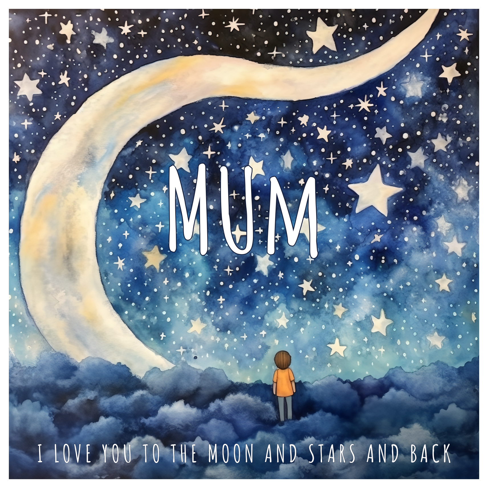 Dreamy watercolour of a child gazing at a huge crescent moon and sky full of stars.