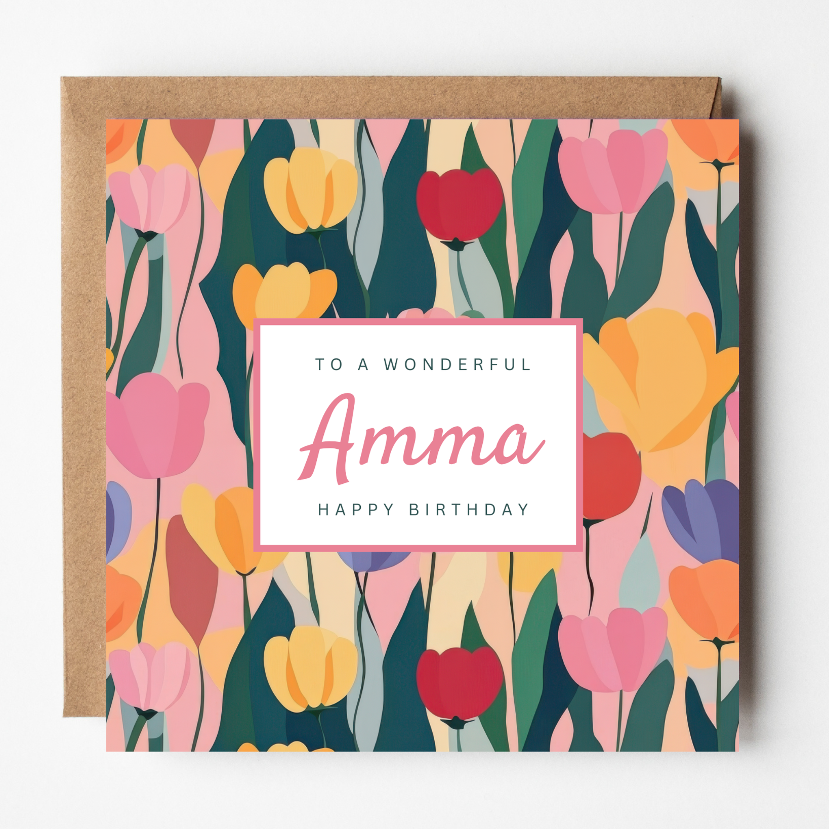 A mockup of the Tulips birthday card for Amma, shown with brown Kraft envelope.