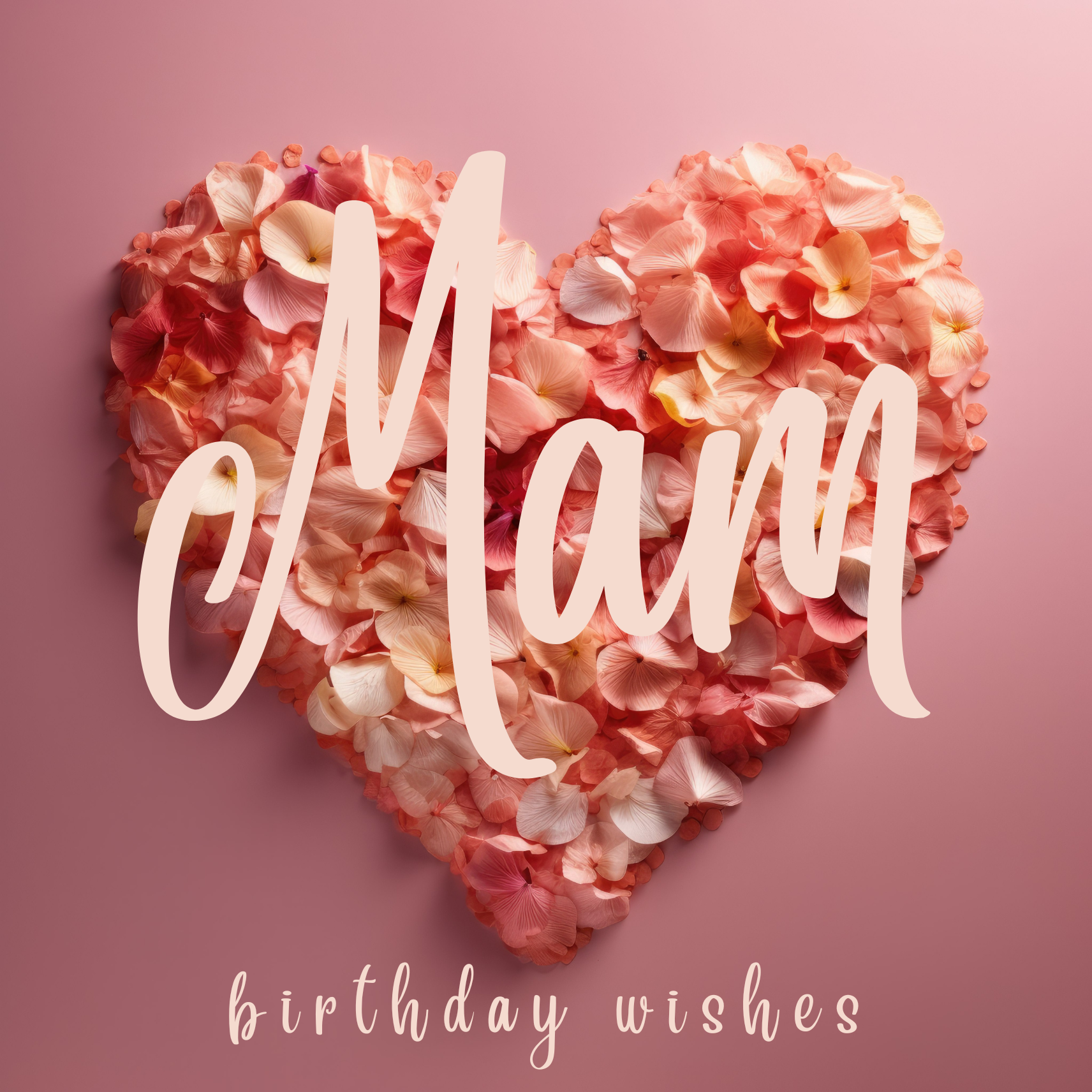 The card design: soft rose petals in shades of pink and amber, arranged in a heart shape. Text reads: "Mam, birthday wishes".