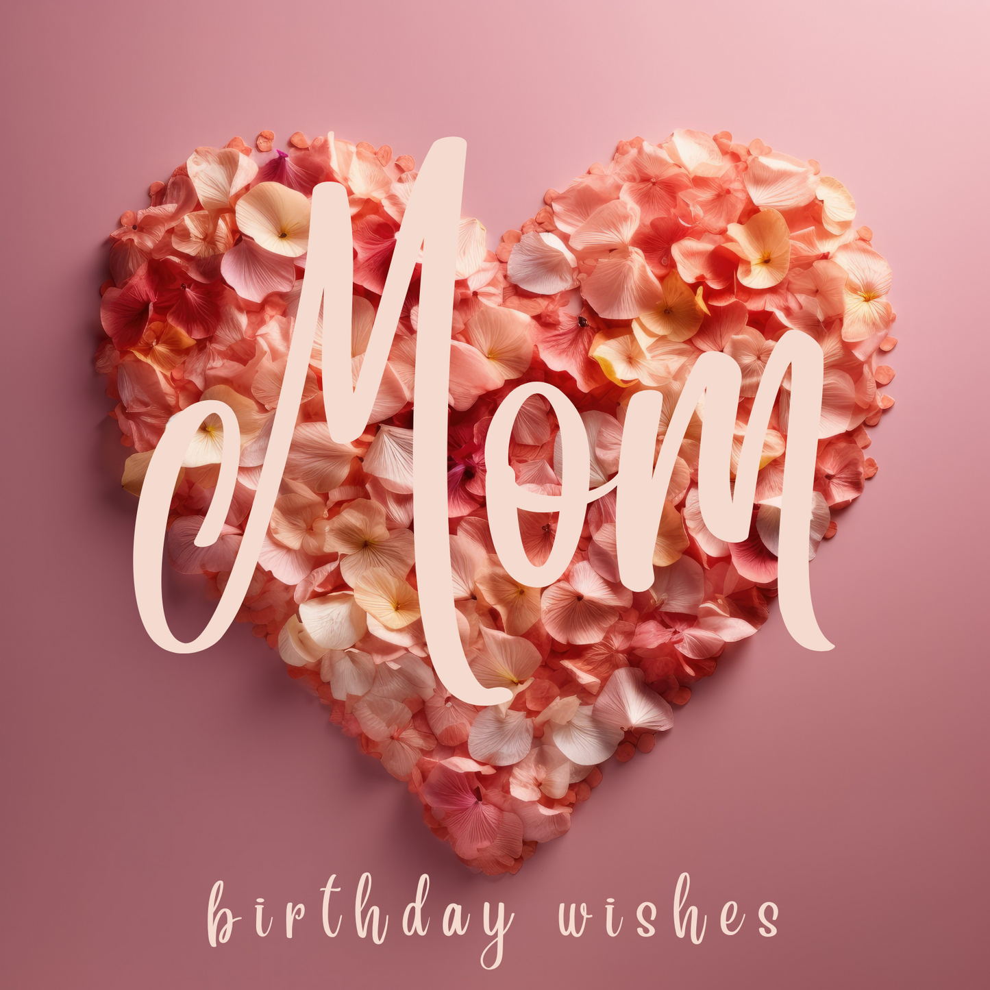 The card design: soft rose petals in shades of pink and amber, arranged in a heart shape. Text reads: "Mom, birthday wishes".