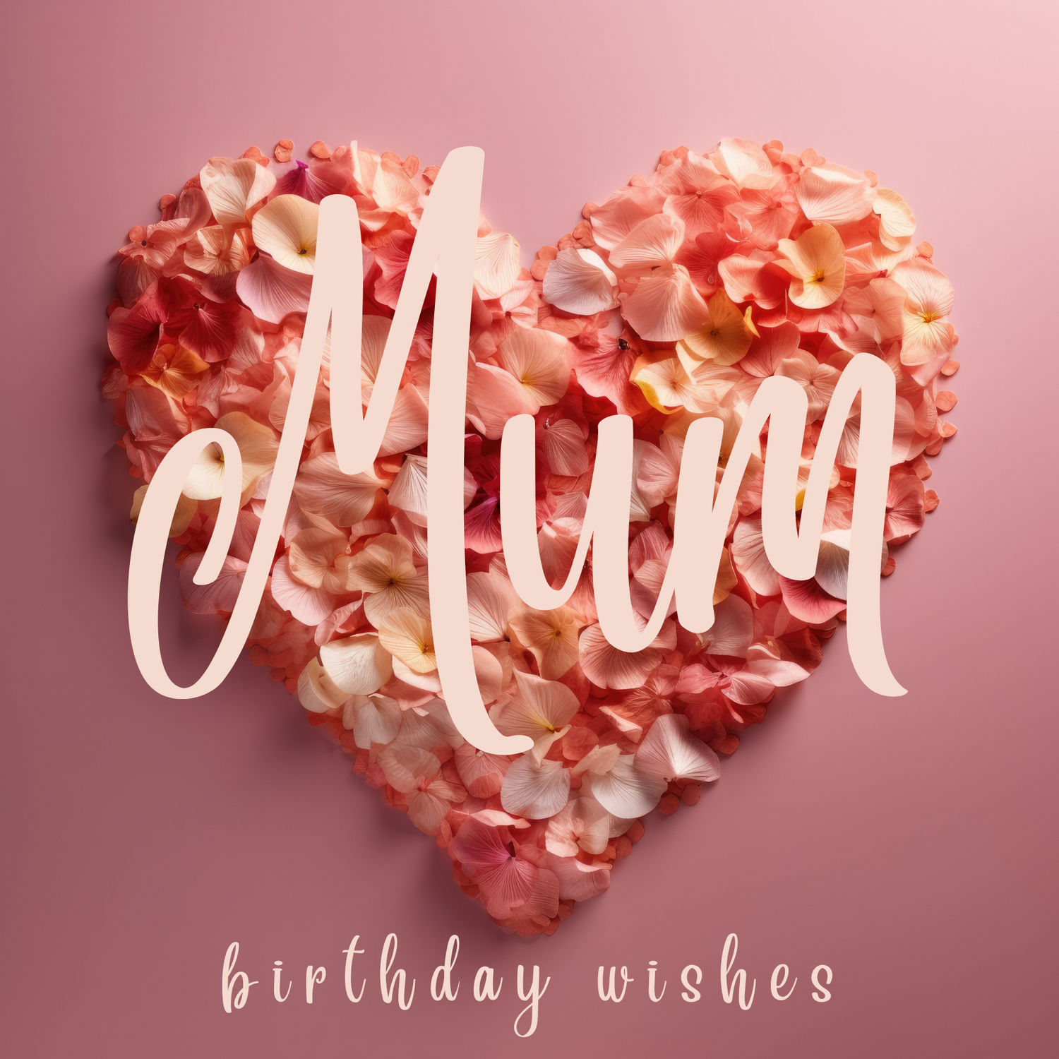 The card design: soft rose petals in shades of pink and amber, arranged in a heart shape. Text reads: "Mum, birthday wishes".