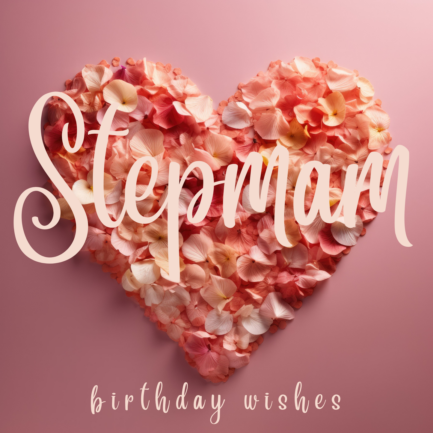 The card design: soft rose petals in shades of pink and amber, arranged in a heart shape. Text reads: "Stepmam, birthday wishes".