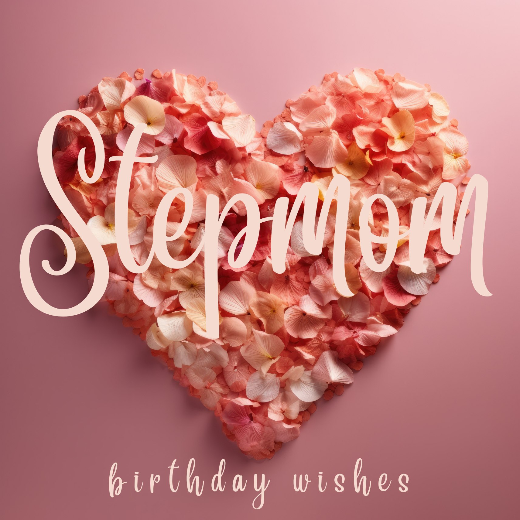 The card design: soft rose petals in shades of pink and amber, arranged in a heart shape. Text reads: "Stepmom, birthday wishes".