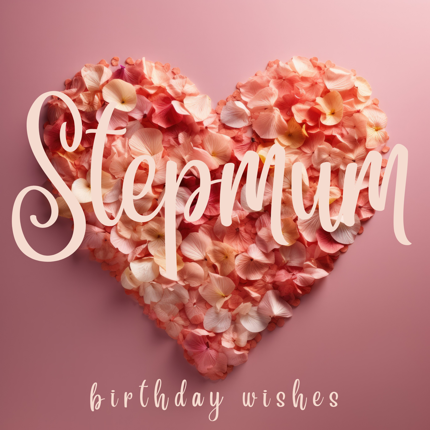 The card design: soft rose petals in shades of pink and amber, arranged in a heart shape. Text reads: "Stepmum, birthday wishes".