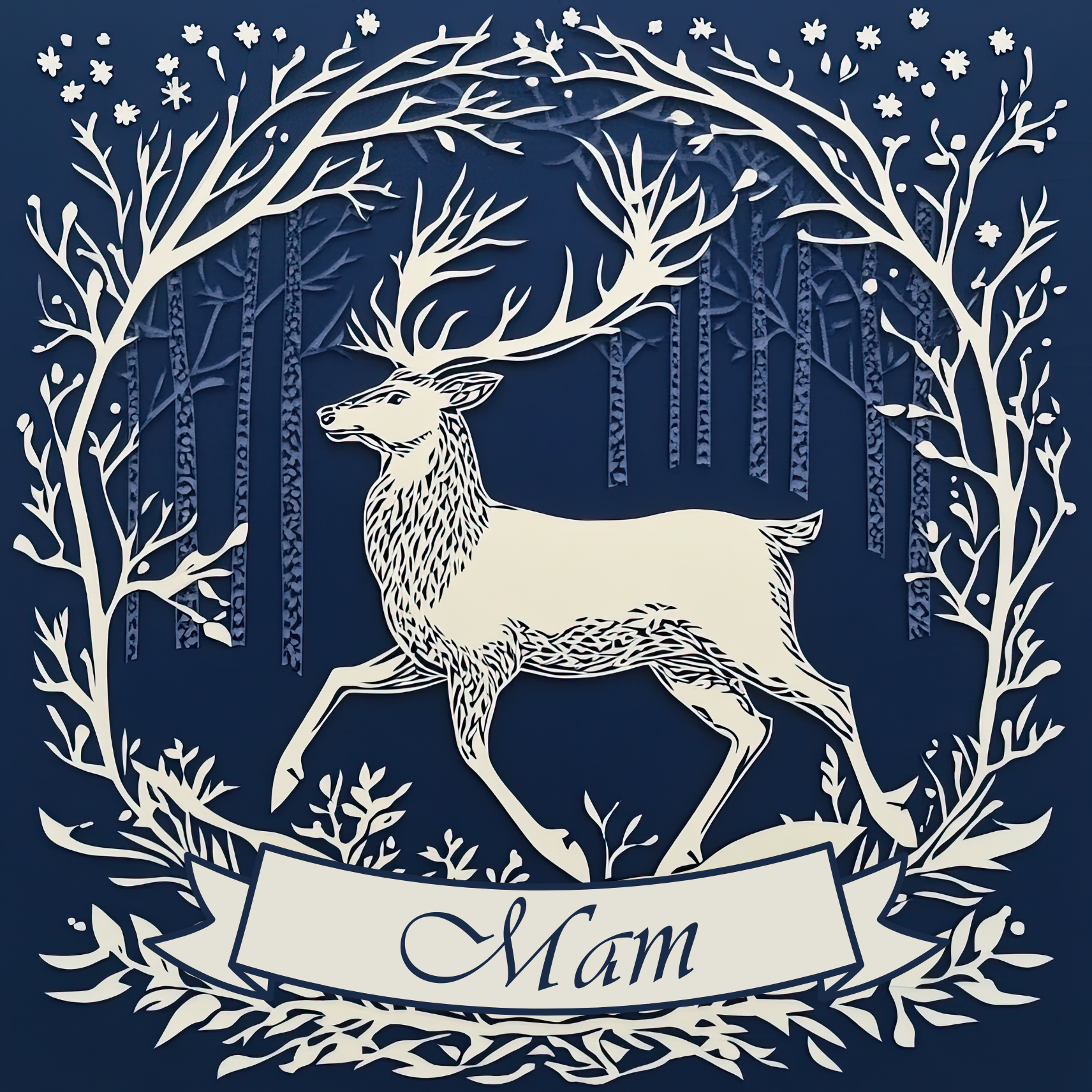 The design: Majestic white stag in snowy woodland, on midnight blue background. Text reads: Mam