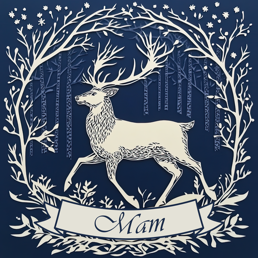 The design: Majestic white stag in snowy woodland, on midnight blue background. Text reads: Mam