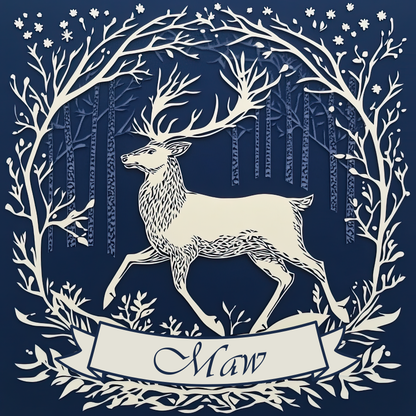 The design: Majestic white stag in snowy woodland, on midnight blue background. Text reads: Maw