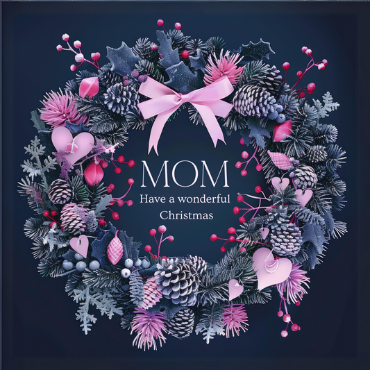 The design: A frosty wreath of winter foliage and pink hearts on midnight blue. Text reads: Mom have a wonderful Christmas.