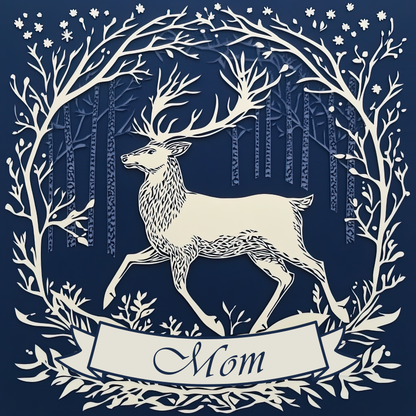 The design: Majestic white stag in snowy woodland, on midnight blue background. Text reads: Mom