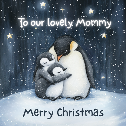 The design: two cute penguins chicks cuddle their mom againt a starry sky. Text reads: "To our lovely Mommy, Merry Christmas"