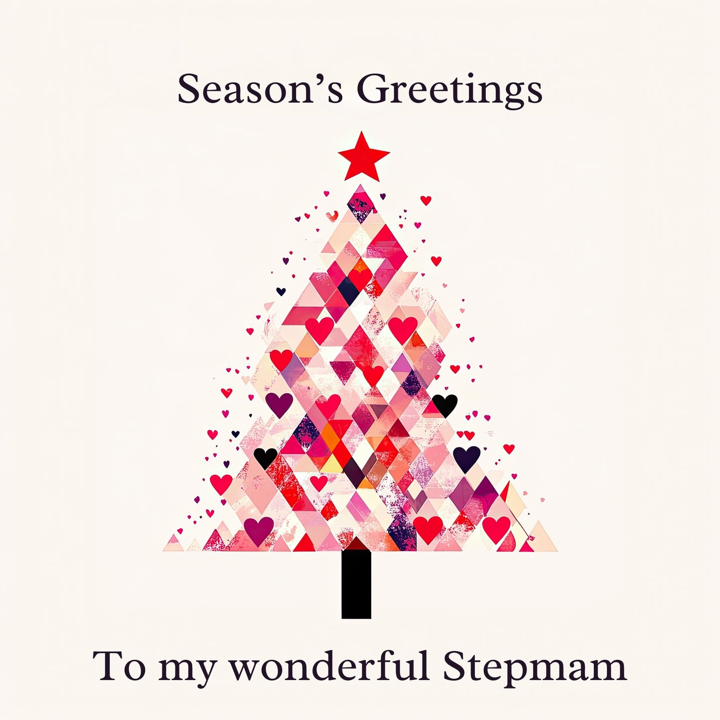 Tree design made of crimson and magenta hearts & geometric shapes. Text reads: Season's Greetings to my wonderful Stepmam