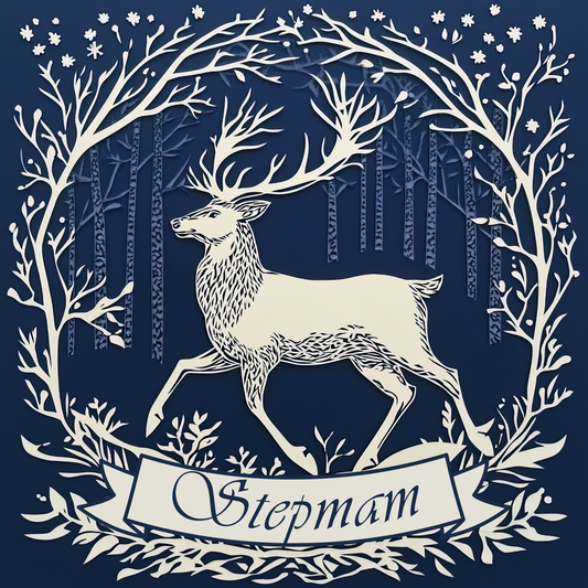 The design: Majestic white stag in snowy woodland, on midnight blue background. Text reads: Stepmam
