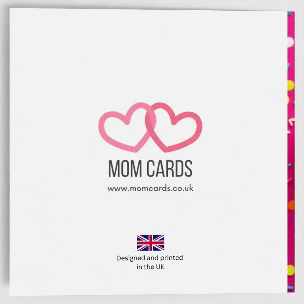 Outside back of the card. Includes Mom Cards logo (two entwined pink hearts), web address and "Designed and printed in the UK" text with Union Jack image.
