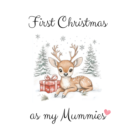 The card design: Illustration of a baby deer with a gift and trees, text 'First Christmas as my Mummies' on a snowy background.