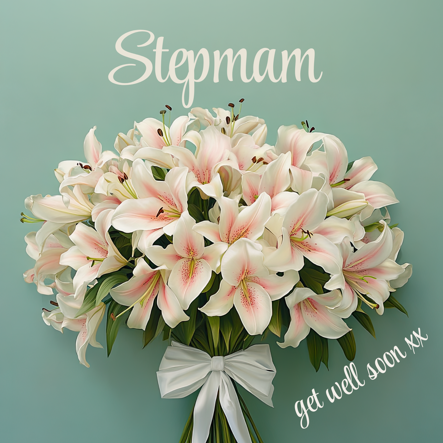 The design: a huge bouquet of white lilies tied with a white ribbon, on green background. Text reads "Stepmam, get well soon xx"