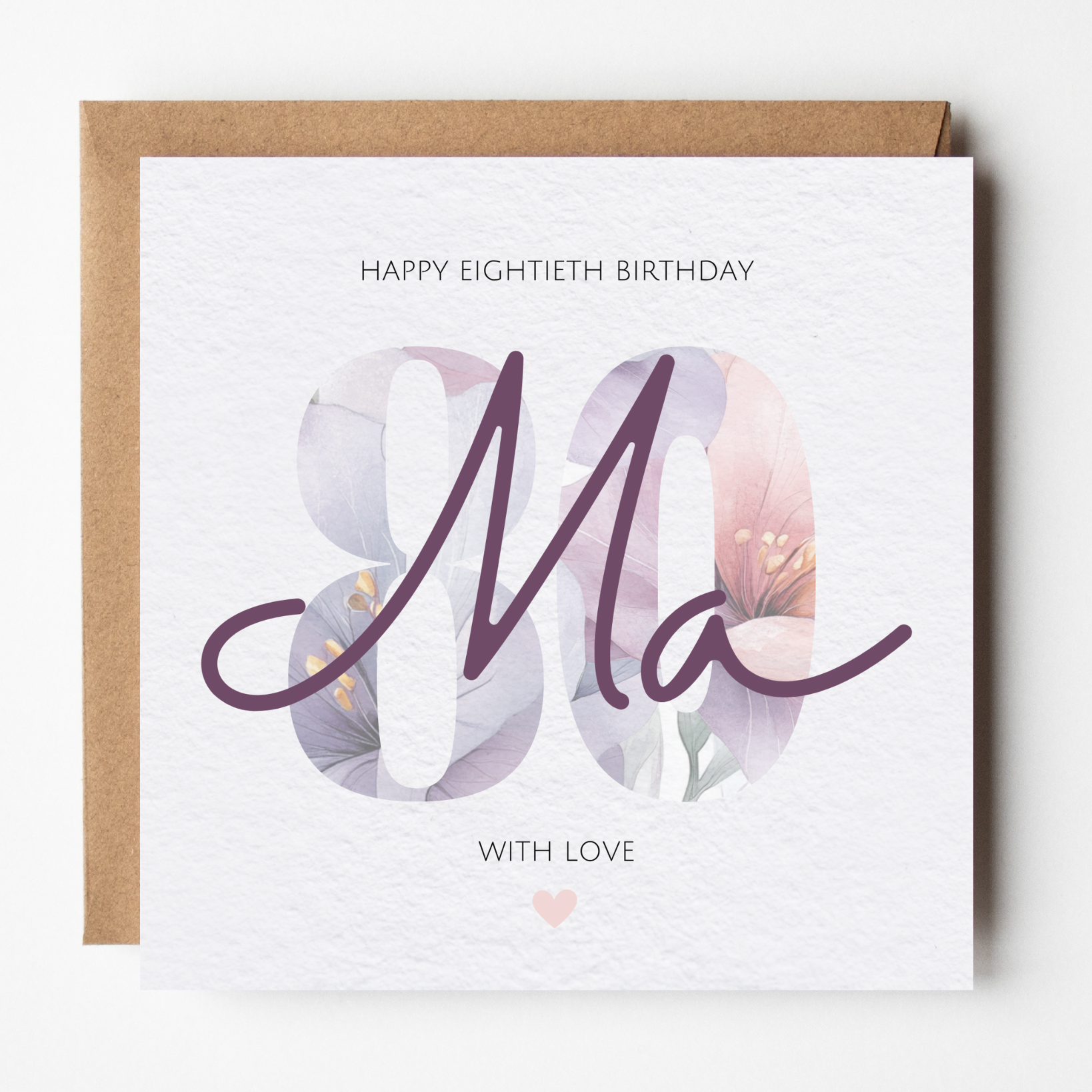 The card design: a large number 80 filled with a watercolour flower pattern. Text reads: 'Happy Eightieth Birthday Ma, With Love'.
