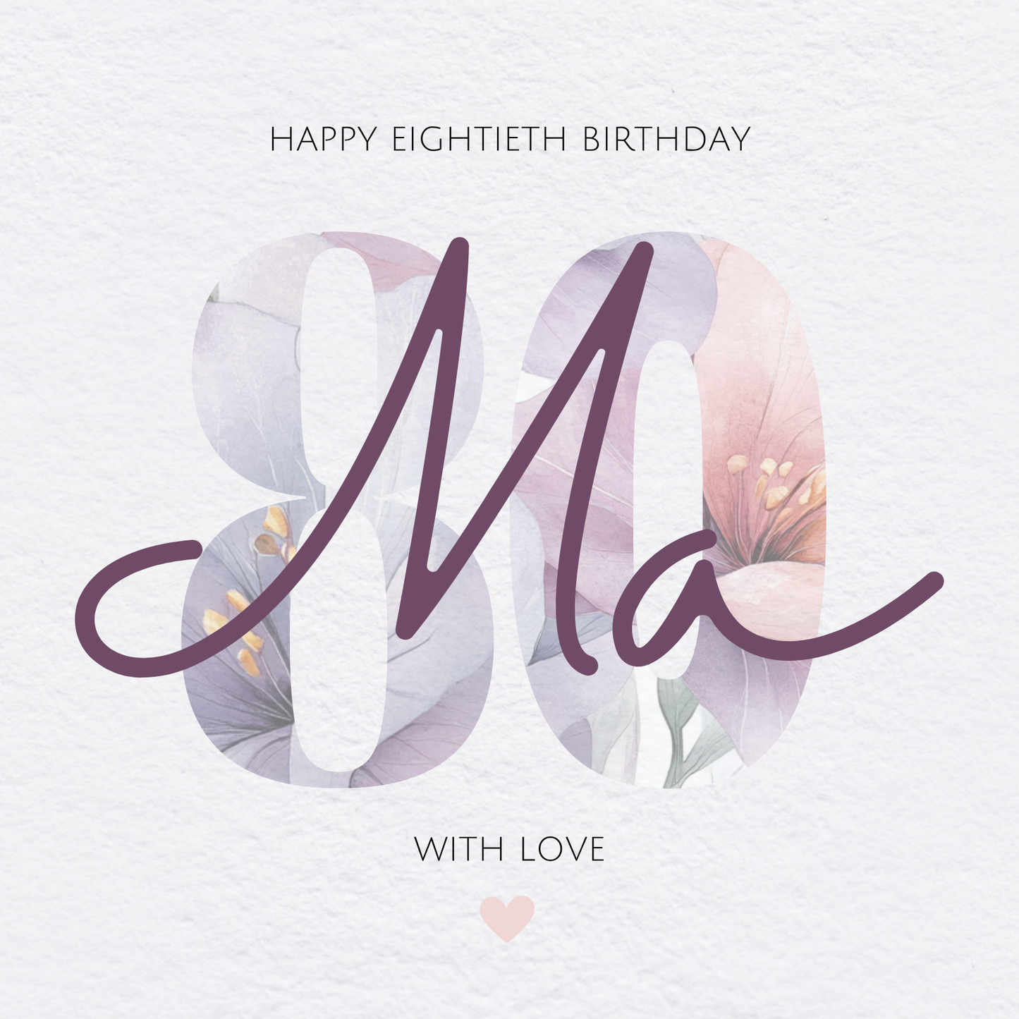 The card design: a large number 80 filled with a watercolour flower pattern. Text reads: 'Happy Eightieth Birthday Ma, With Love'.